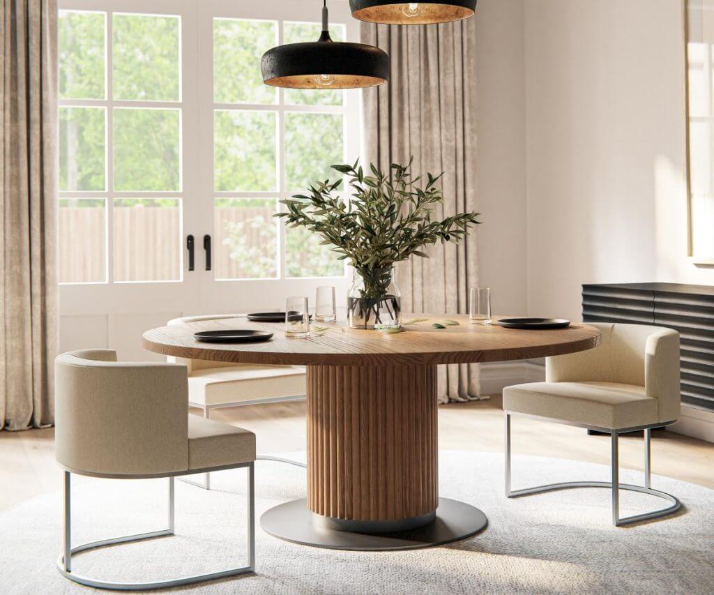 Elegant dining room with the Kenton wooden pedestal dining table, reeded wood base, and modern chairs.