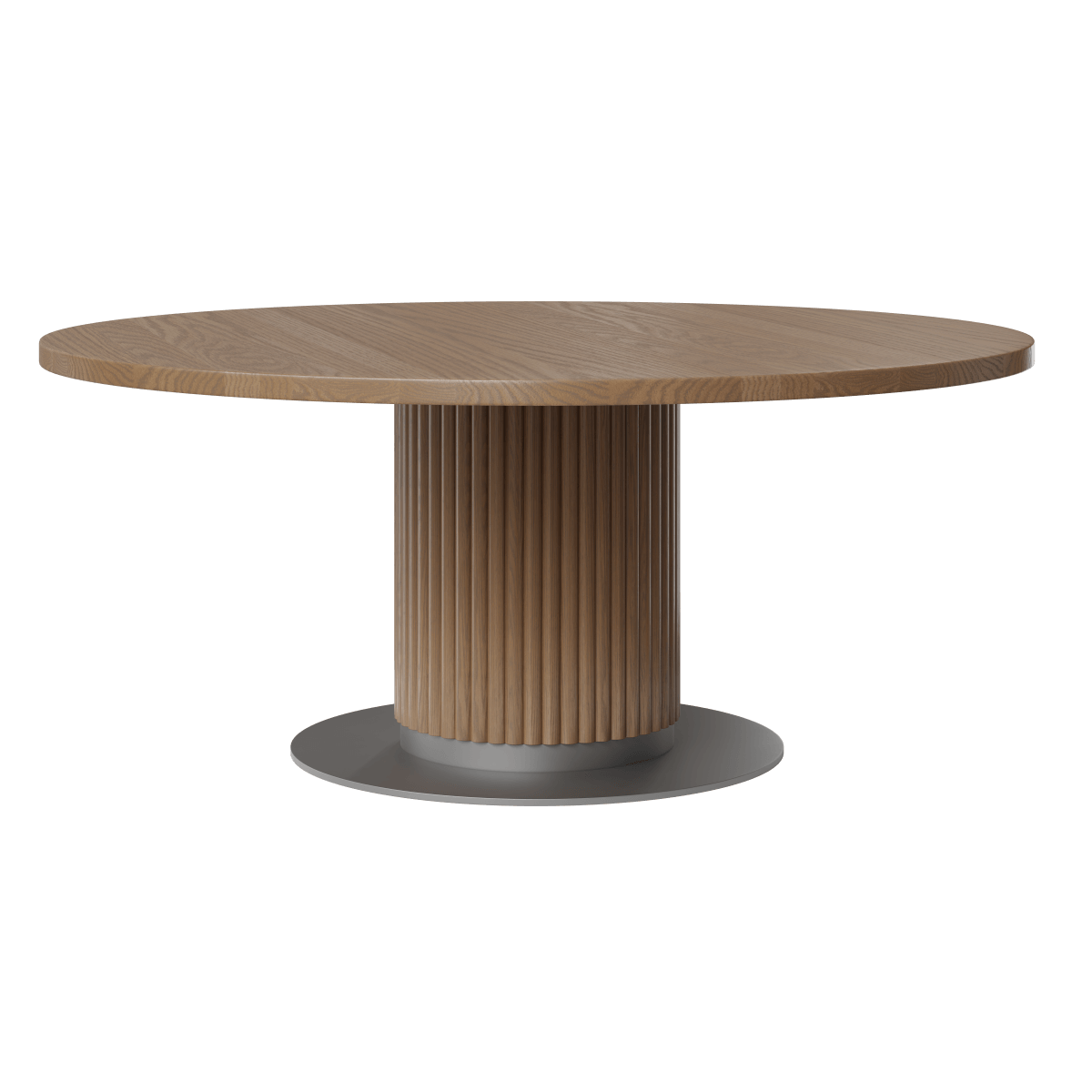 Kenton wooden pedestal dining table with a reeded wood base and steel base for added stability.