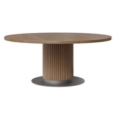 Kenton wooden pedestal dining table with a reeded wood base and steel base for added stability.