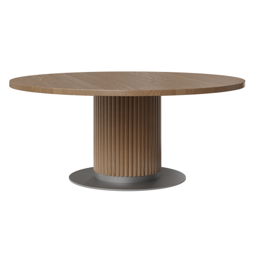 Kenton wooden pedestal dining table with a reeded wood base and steel base for added stability.