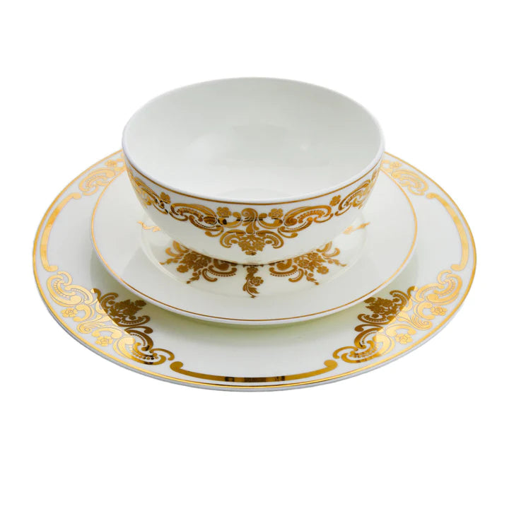 Godinger baroque style bone china bowl and plate with gold detailing from the 16 piece dinnerware set.