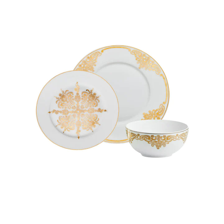 Elegant bone china dinnerware set with 18kt gold inlays and baroque design by Godinger.