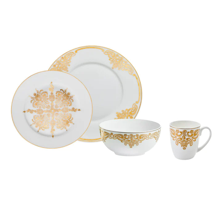 Complete 16 piece bone china dinnerware set with gold detailing and baroque design by Godinger.