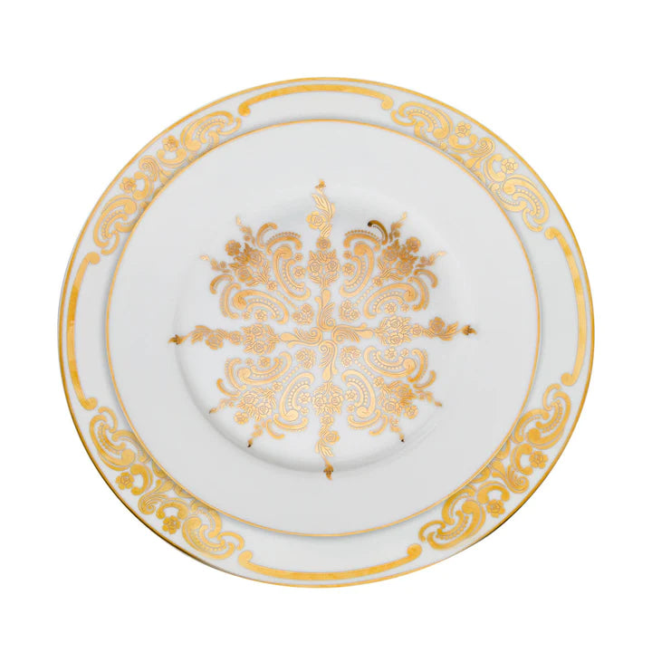 0th Century Baroque bone china dinner plate with gold inlays and intricate baroque design by Godinger.