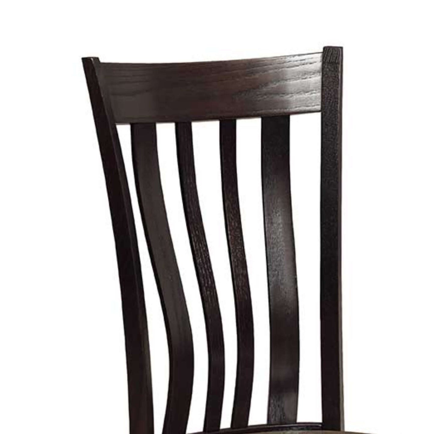 Close-up of the backrest of an Amish dining room chair in black wood with curved slats.