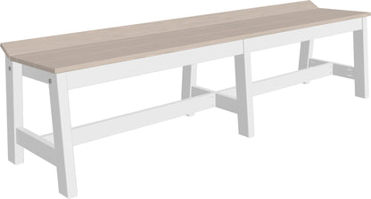 Bright outdoor scene featuring the LuxCraft 72-inch Cafe Dining Bench in a fresh Birch and White color scheme