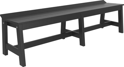 Classic all-black LuxCraft Cafe Dining Bench, 72 inches in length, displayed on a patio, emphasizing its sleek design.