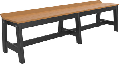 Cedar and Black Cafe Dining Bench by LuxCraft, 72 inches long, placed in a beautifully landscaped yard highlighting its rustic charm.