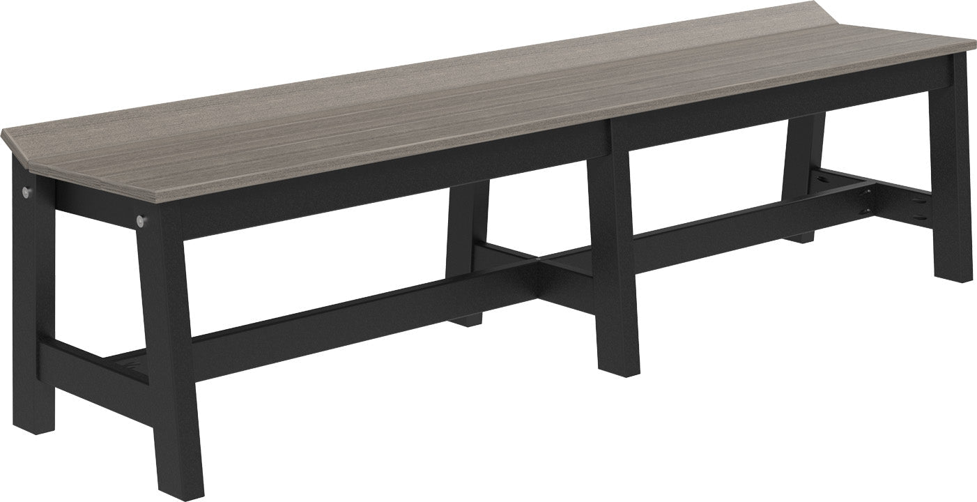 Coastal Gray and Black 72-inch Cafe Dining Bench by LuxCraft, set against a backdrop of an outdoor cafe setting, illustrating its versatile styling.