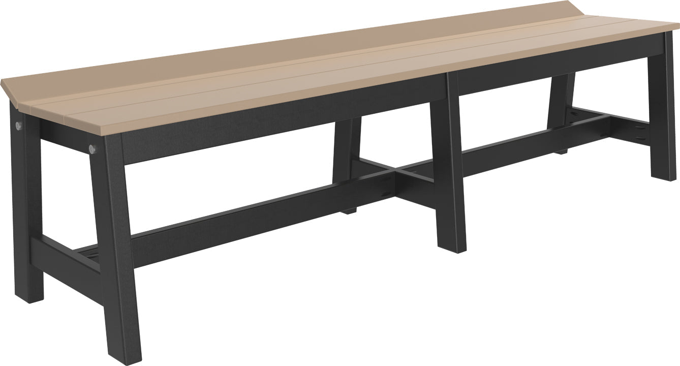 Weatherwood and Black LuxCraft 72-inch Cafe Dining Bench, illustrated on a white background, combining rustic charm with modern design elements.