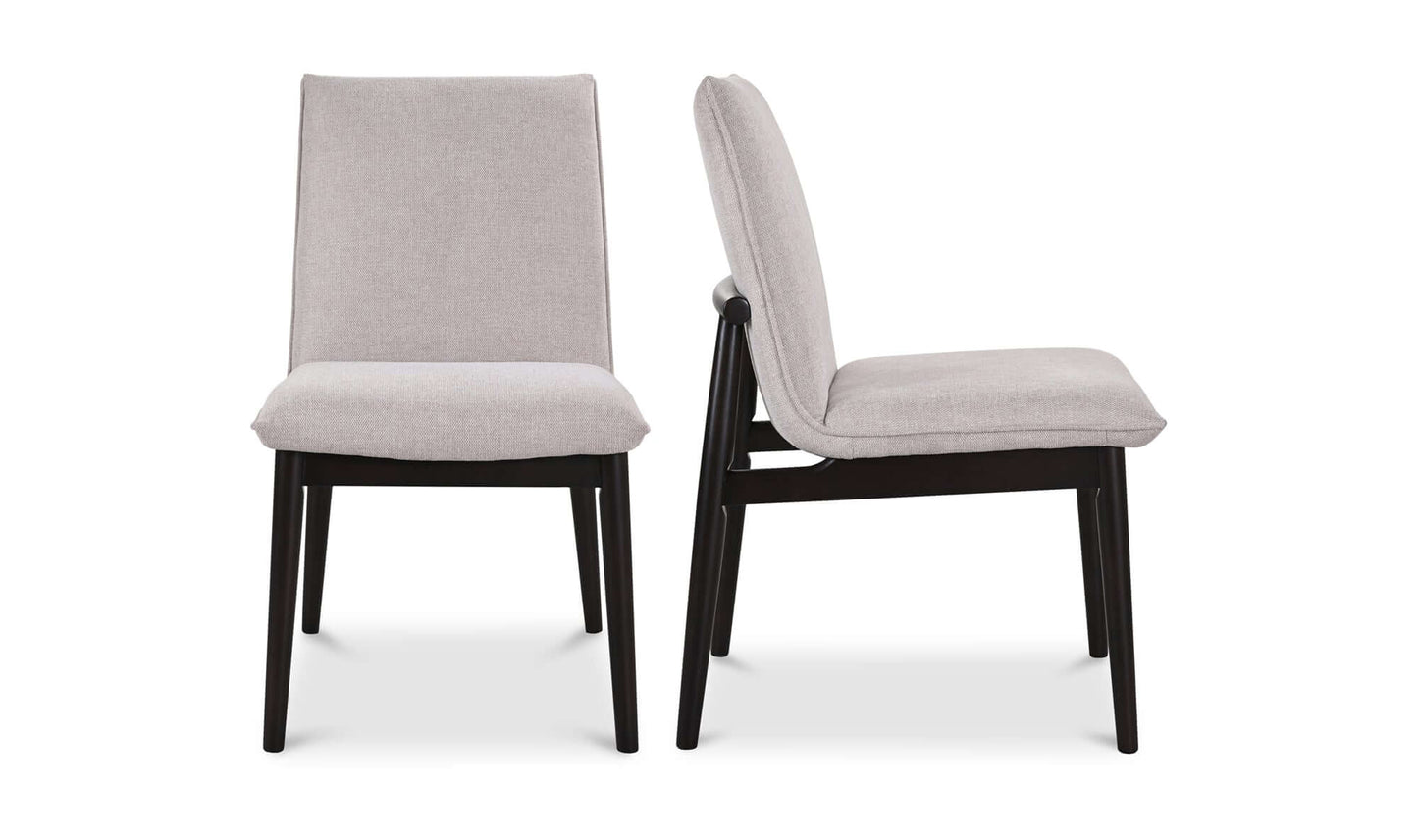 Moe's Home Collection Charlie dining chair set of two in beige fabric, showcasing front and side views.