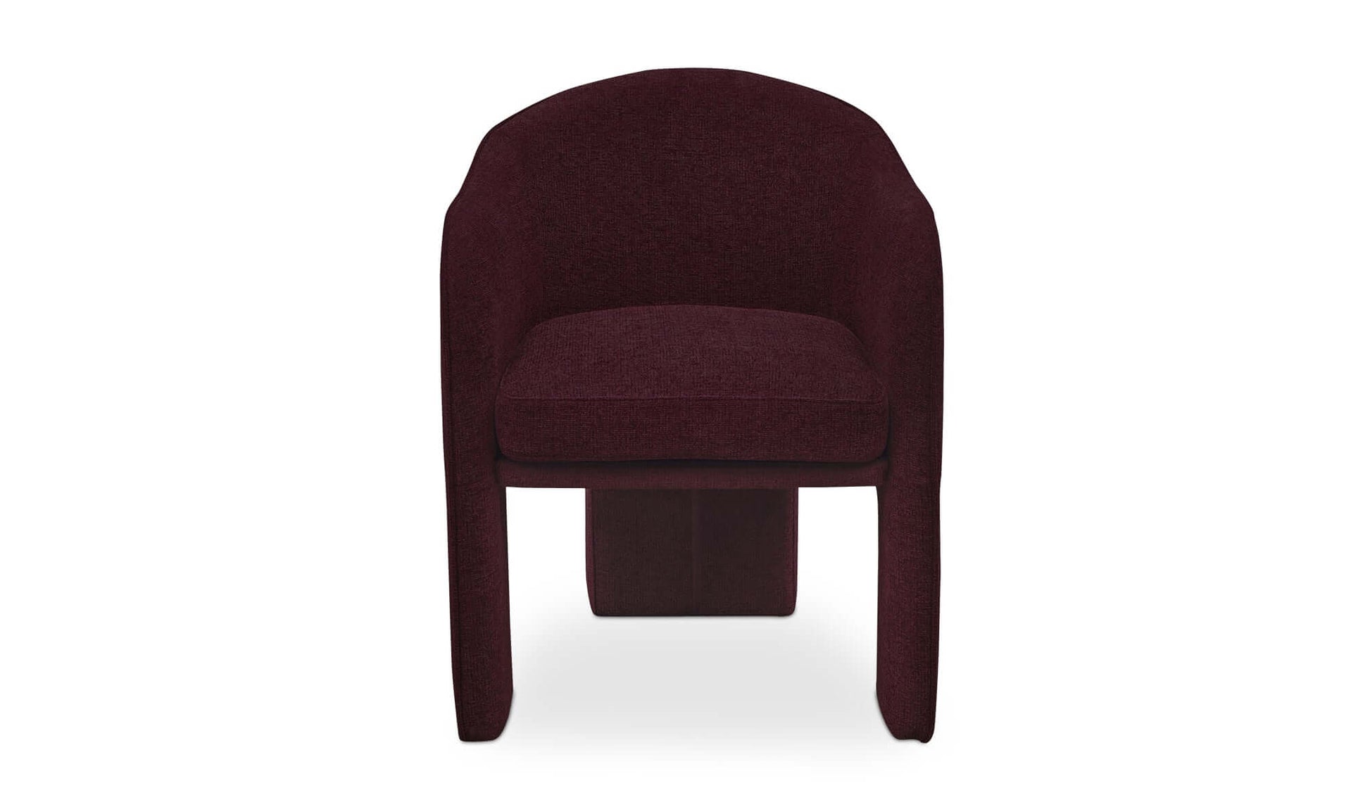 Front view of the Clara dining chair in plum performance fabric by Moe’s Home Collection, showcasing its rounded back and cushioned seat.