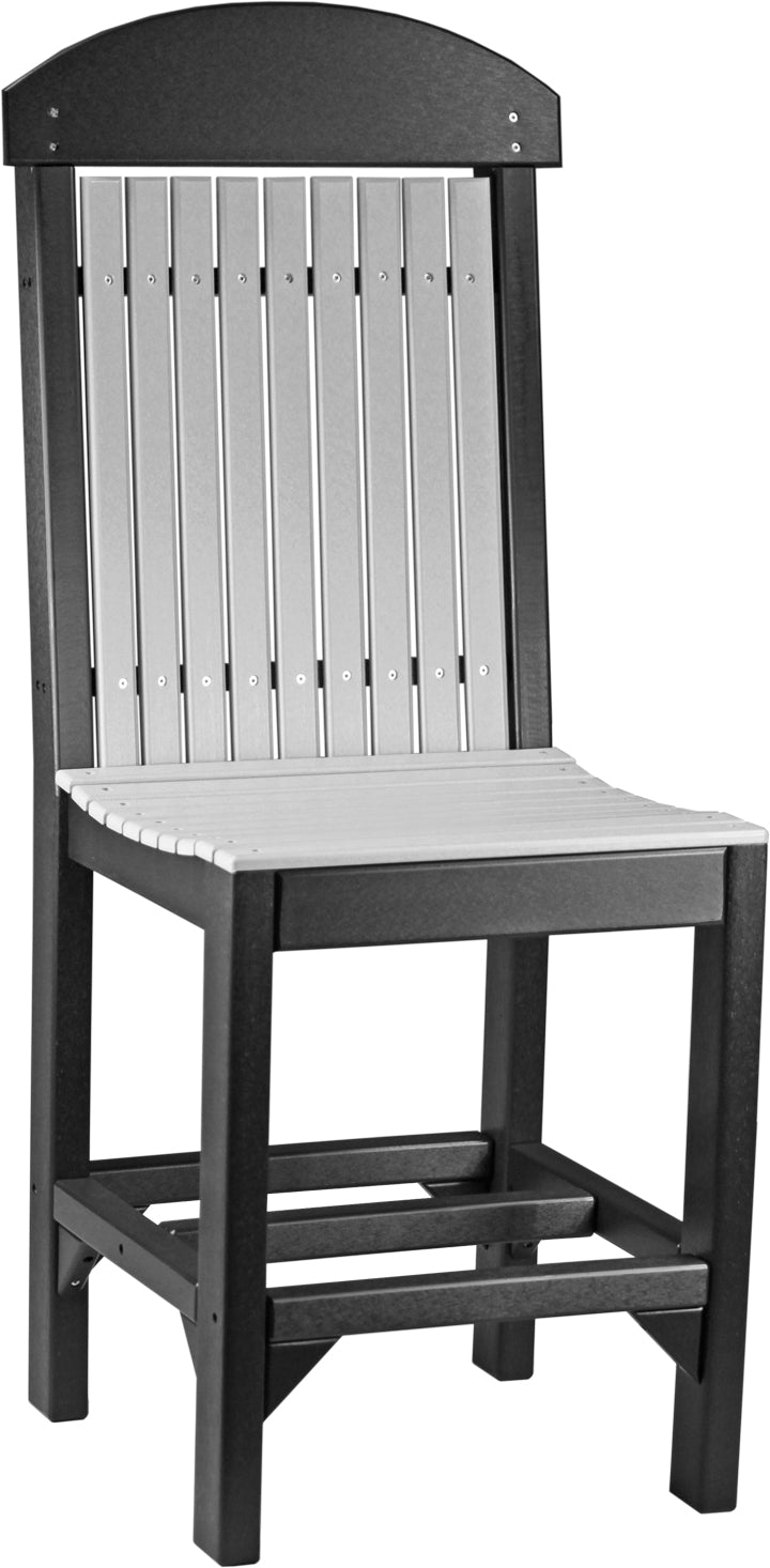 High-back outdoor chair in Dove Gray with Black frame, featuring high-density poly lumber construction and stainless steel fasteners for durable patio seating.