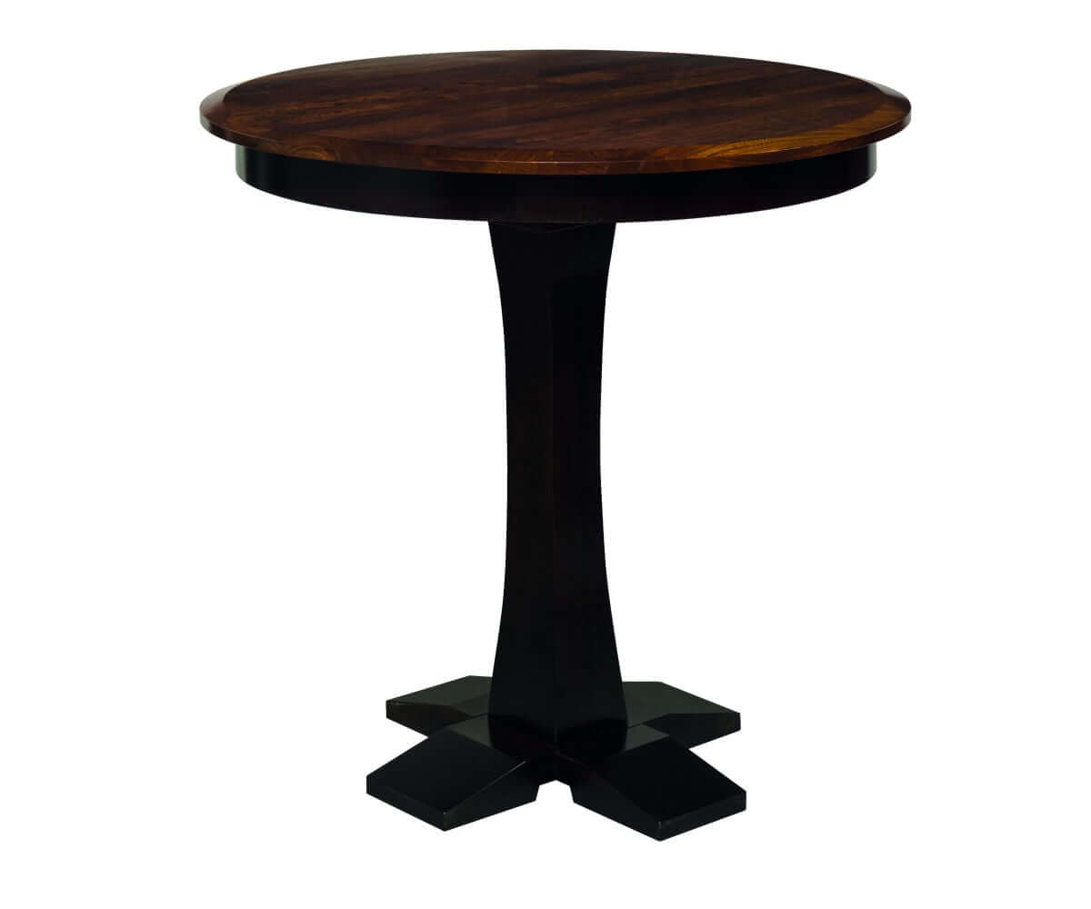 Christy Round Pedestal Dining Table crafted from grey elm and brown maple with a solid top design.