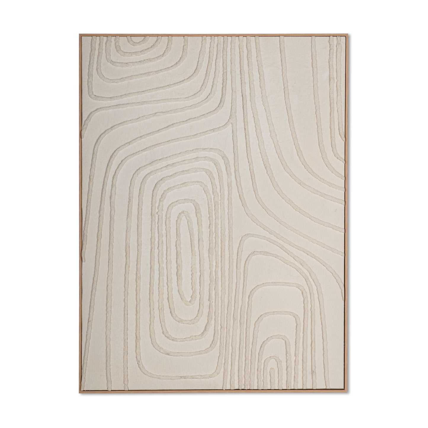 Abstract wall art with wave-like textures on a white canvas, framed in a minimalist plastic border.