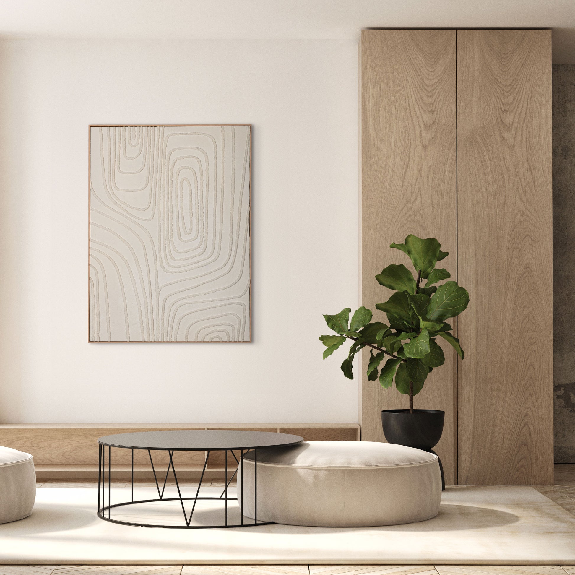 Minimalist canvas artwork featuring textured wave-like patterns, placed in a serene interior.