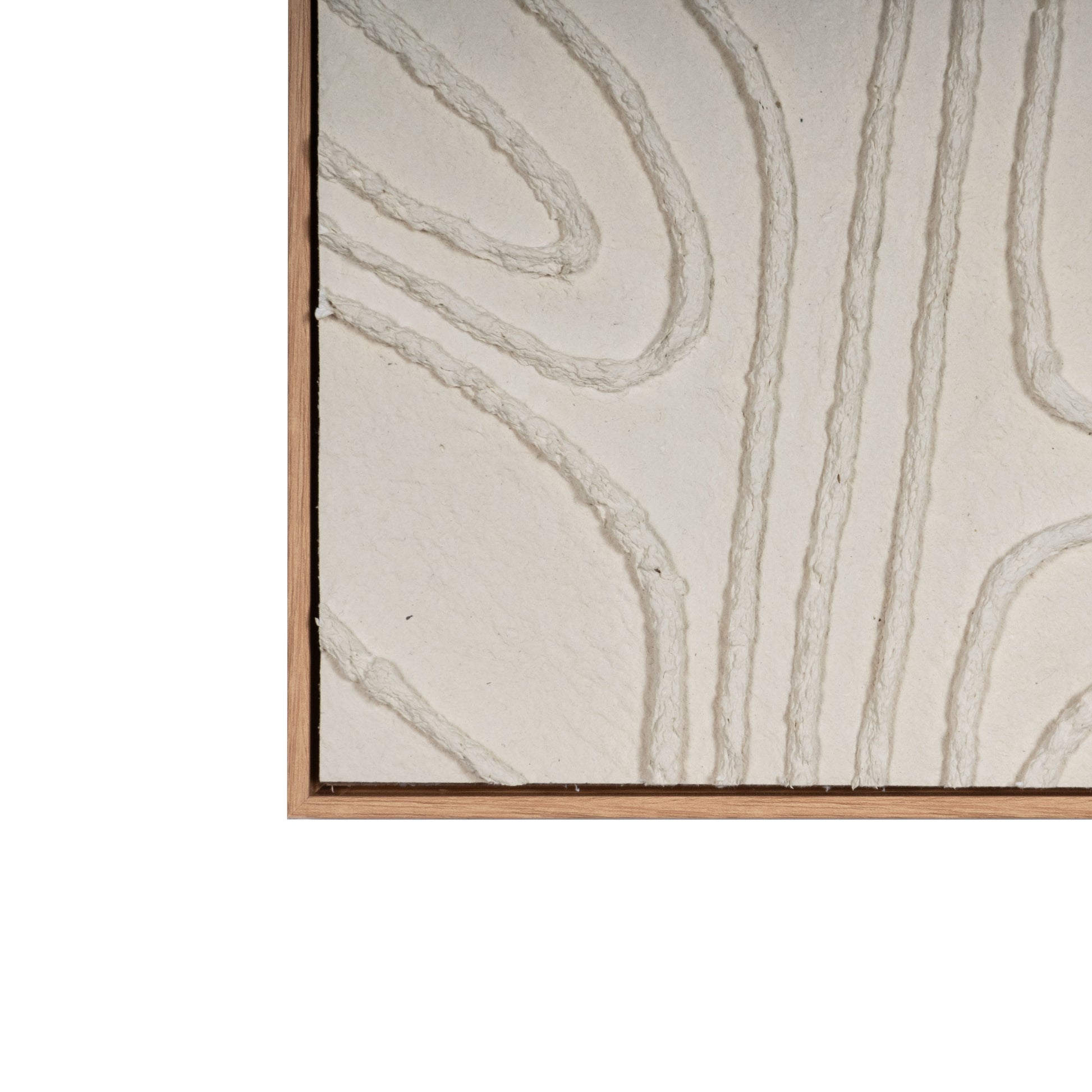 Detailed corner of the wall art with natural plastic frame and textured abstract design.