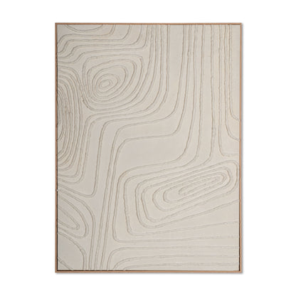 Abstract white topographical wall art framed in minimalist plastic.