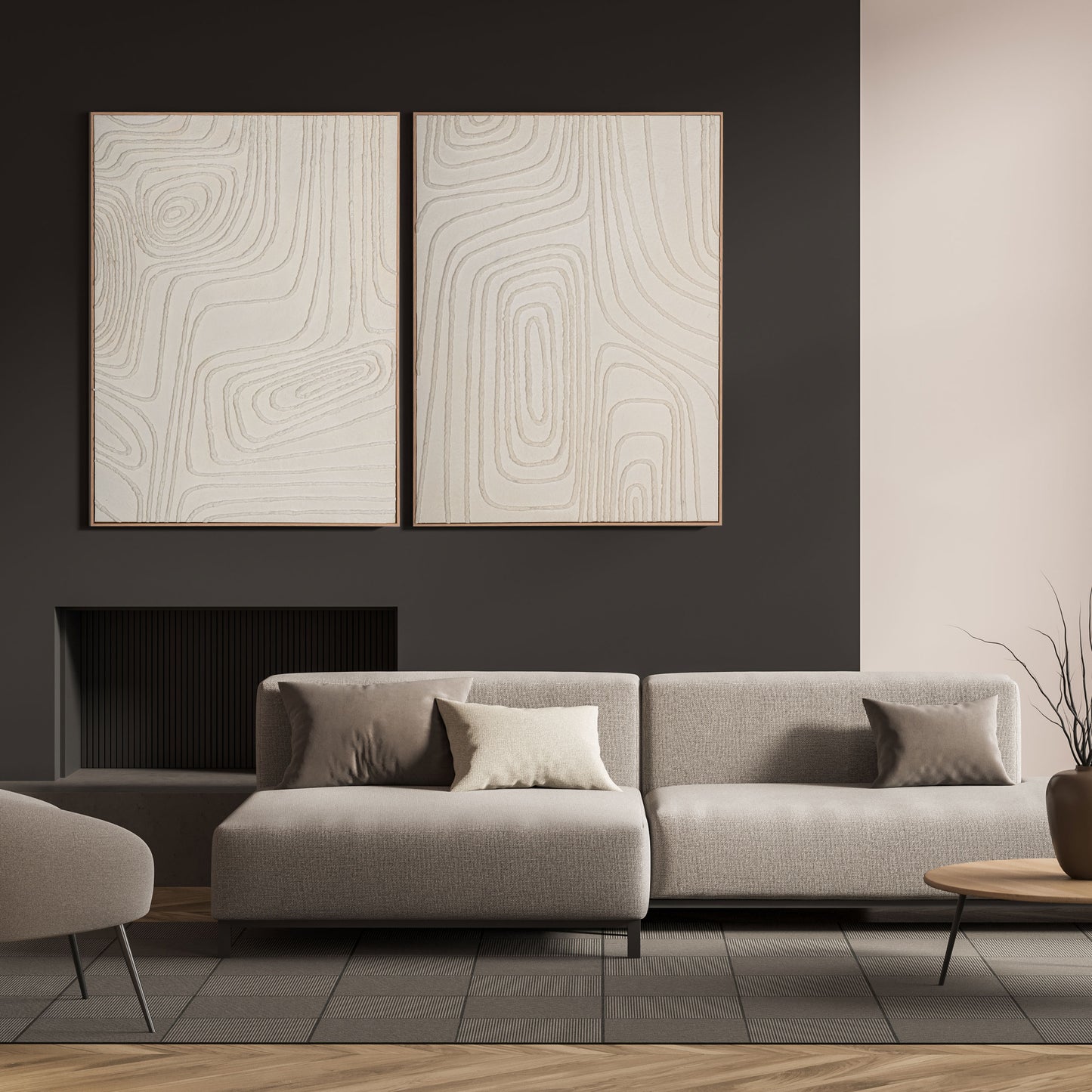 Paired beige wall art pieces with abstract patterns in a contemporary living room.