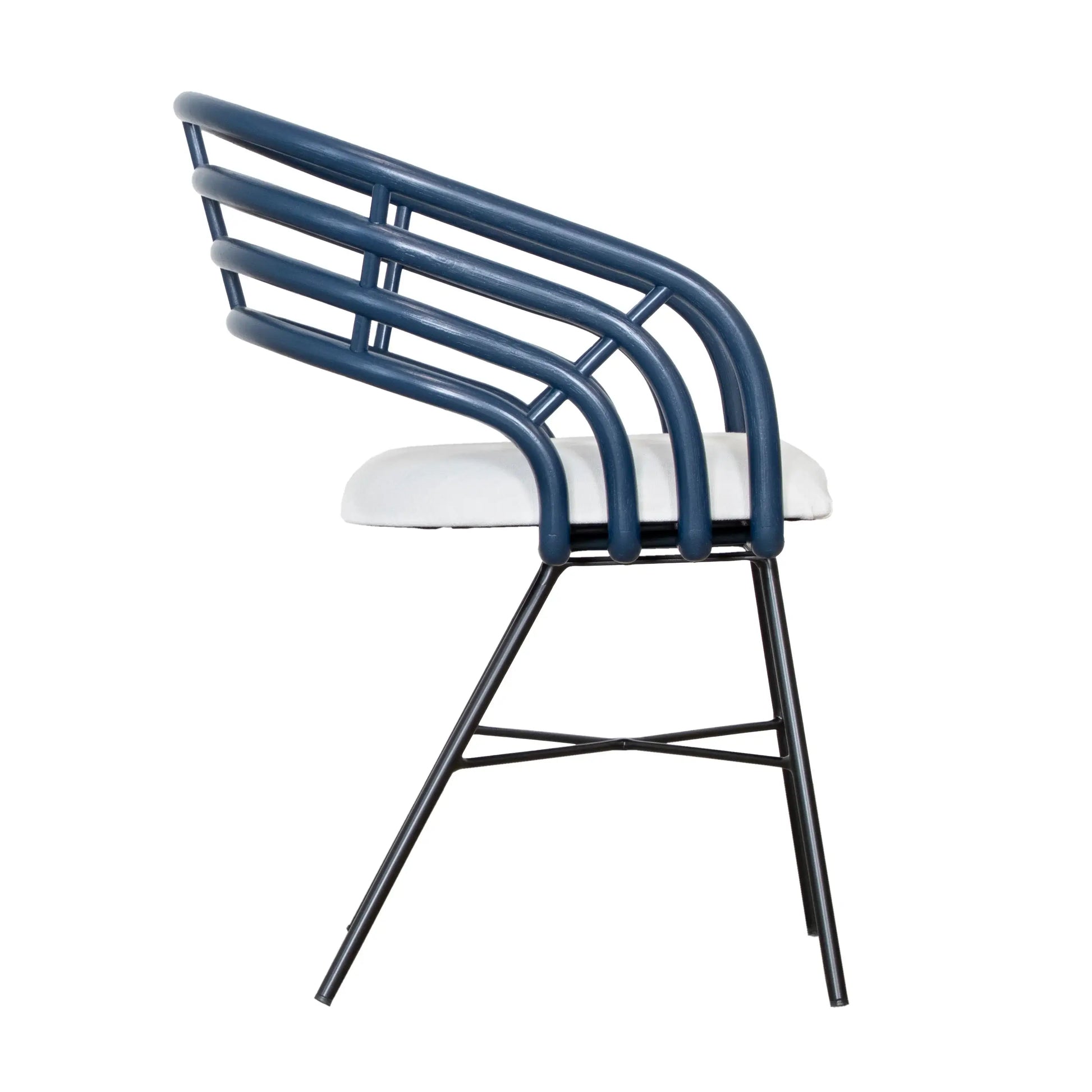 Side view of blue rattan Madrid Dining Chair showing steel legs