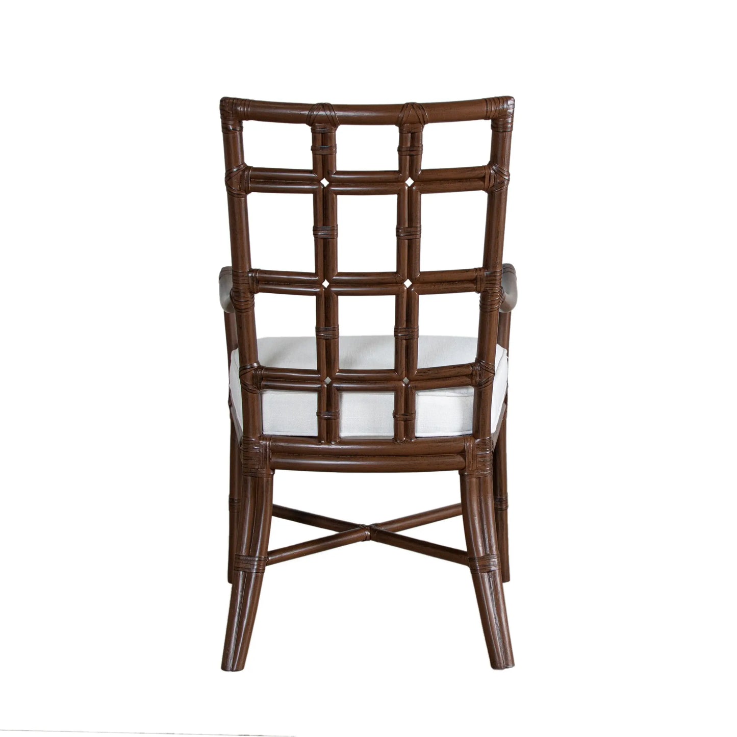 Back view of the Seville Armchair in light mocha rattan, showcasing the square pattern design.