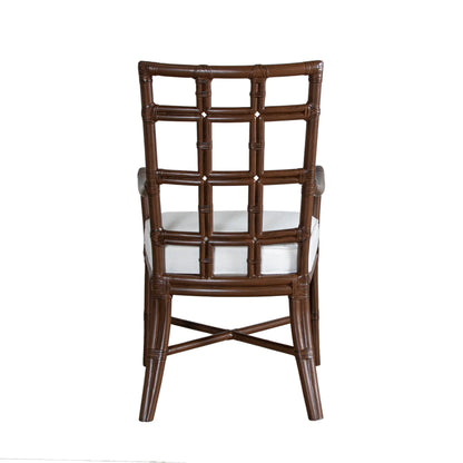 Back view of the Seville Armchair in light mocha rattan, showcasing the square pattern design.