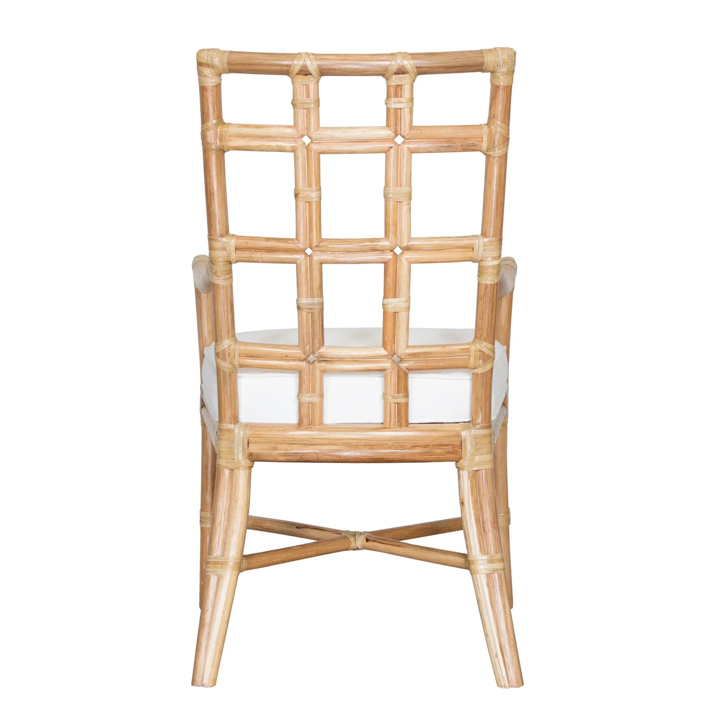 Back view of the Seville Armchair in natural rattan, showing the elegant square pattern backrest.