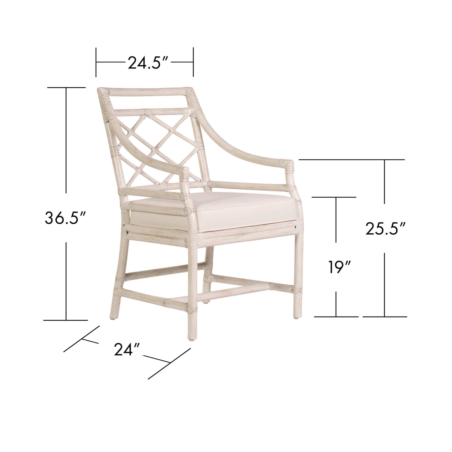 Dimension guide for the David Francis X & Diamond Tight Back Dining Arm Chair in Weathered White finish, with measurements clearly illustrated.