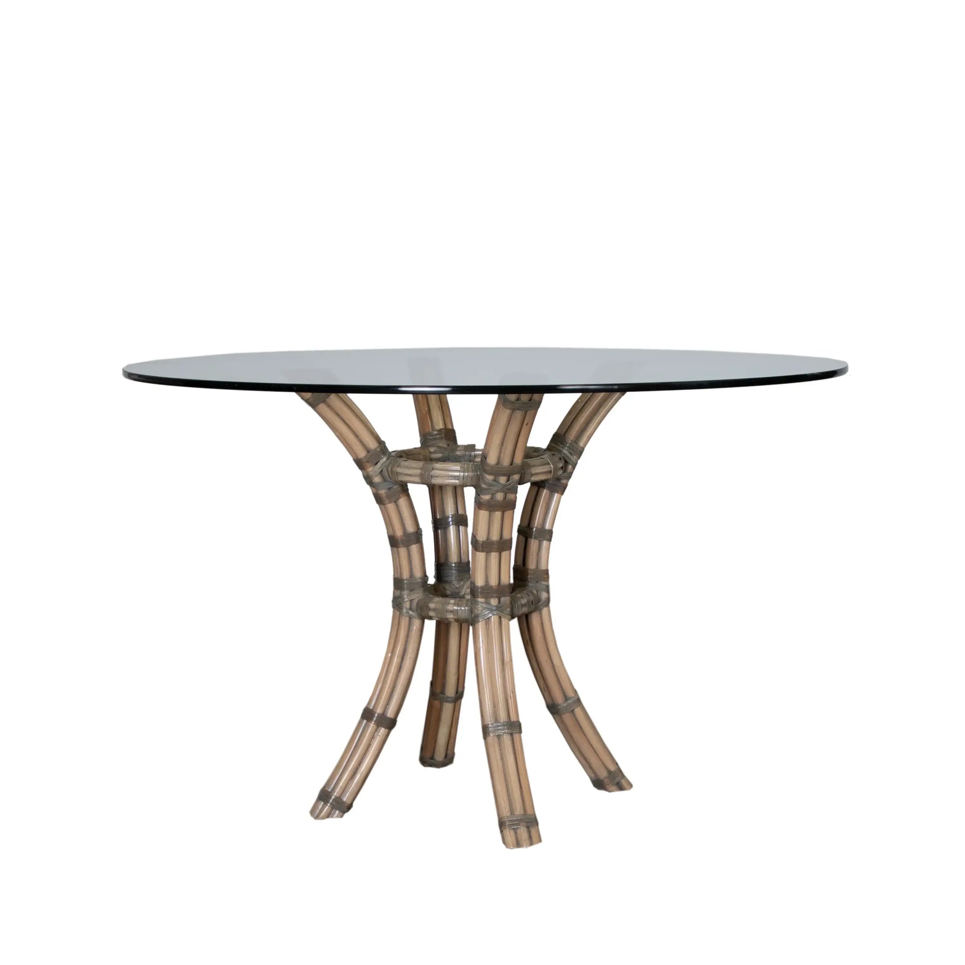  David Francis Small Round Table Base with a glass top, showcasing its elegant rattan design