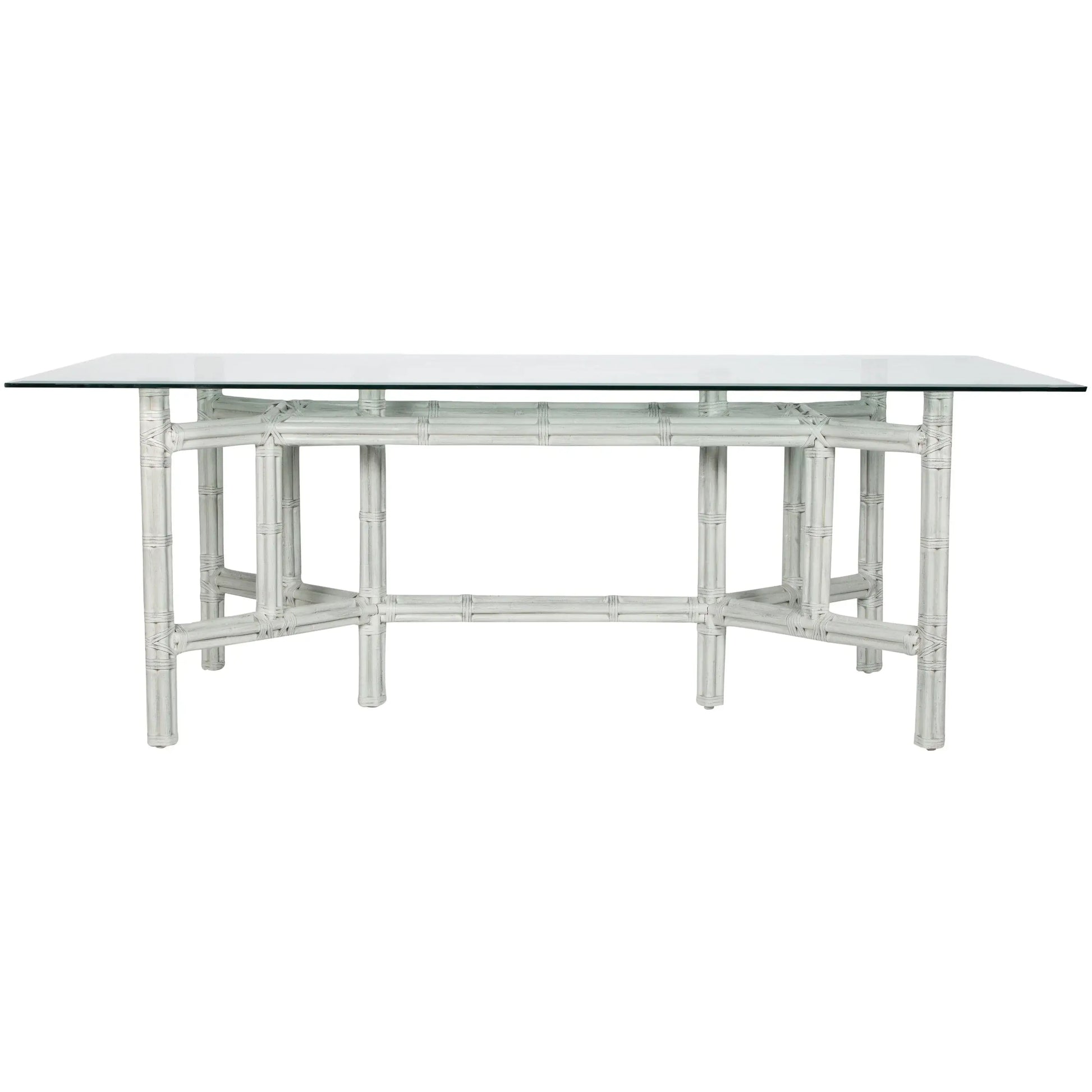 Front view of DAVID FRANCIS Medium Rectangular Table Base with glass top in mist gray finish.