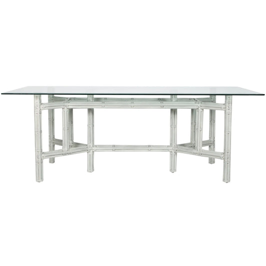 Front view of DAVID FRANCIS Medium Rectangular Table Base with glass top in mist gray finish.