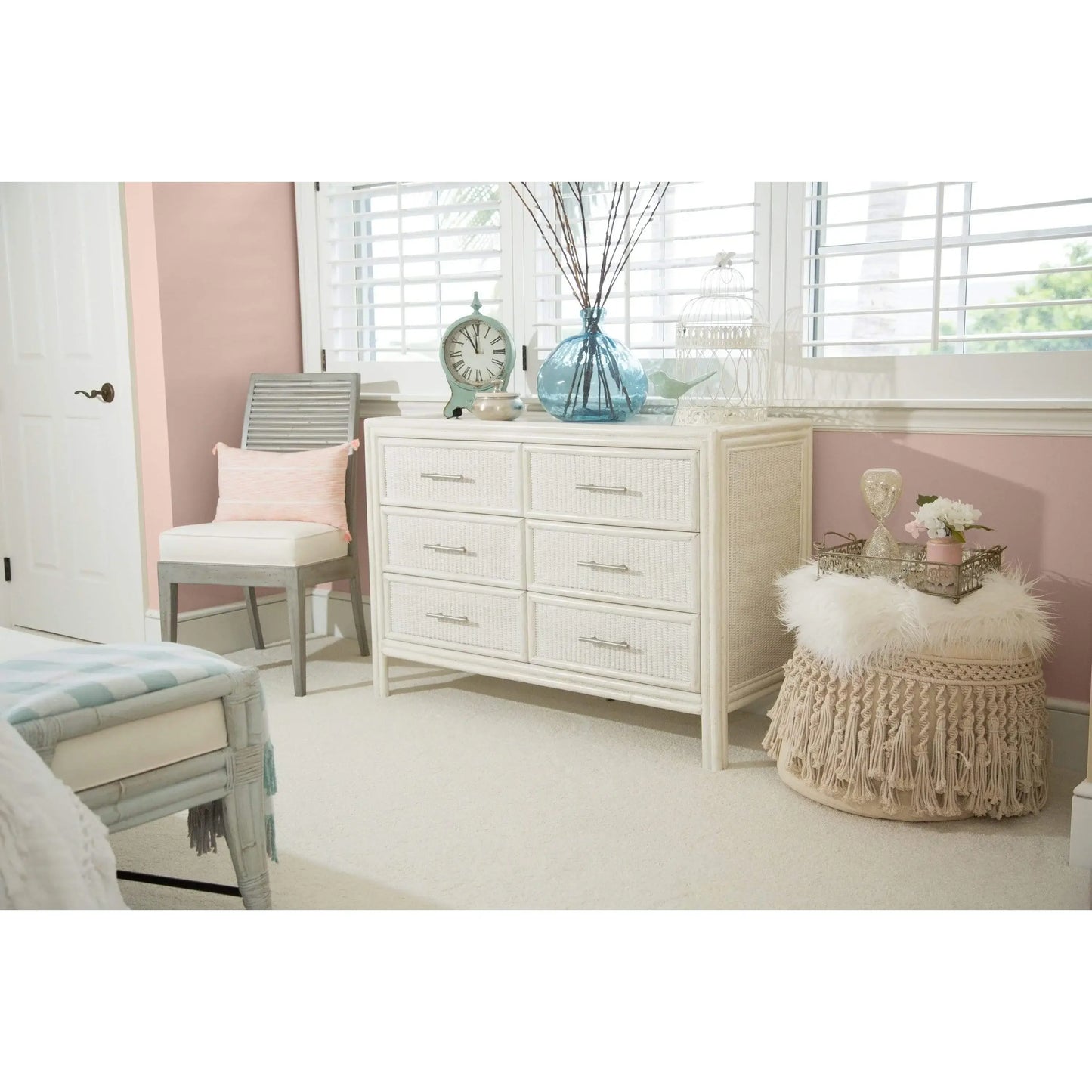 Stacked Bamboo Dining Chair in a cozy bedroom setting, paired with a white dresser and decor, enhancing room aesthetics.