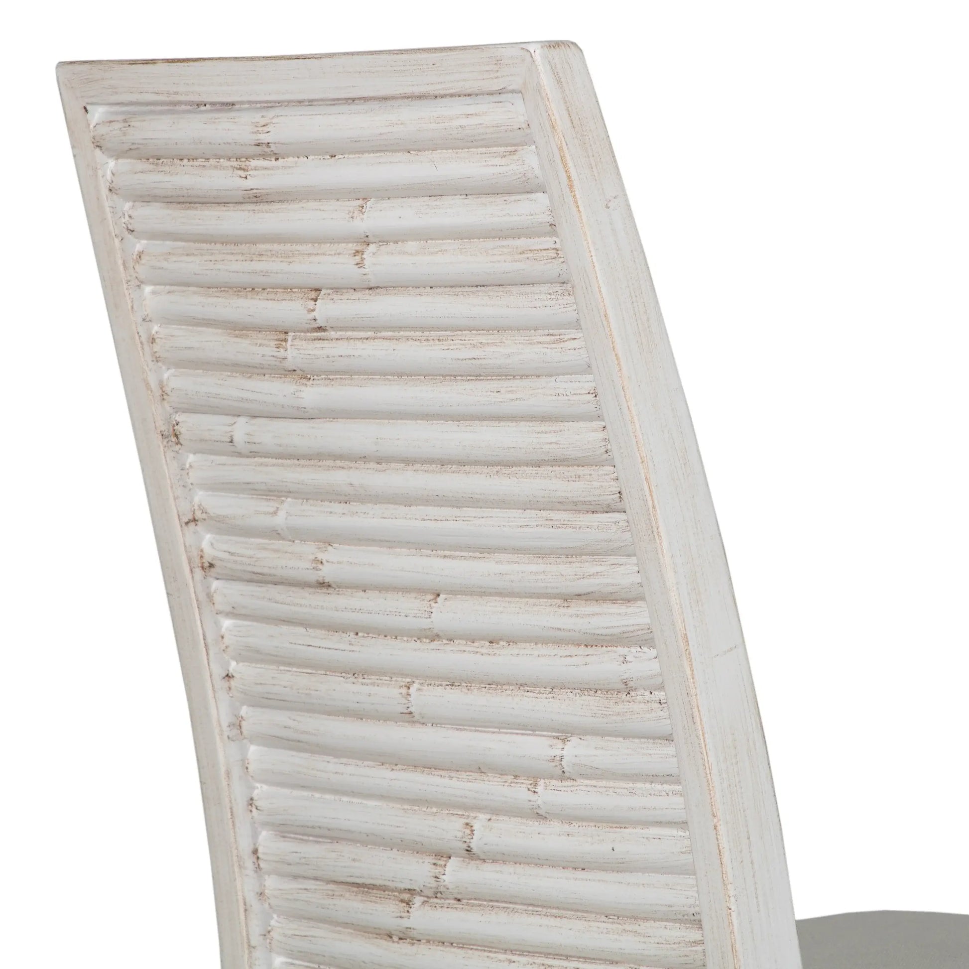 Close-up of the Stacked Bamboo Dining Chair in weathered white finish, highlighting the detailed bamboo back panel design.