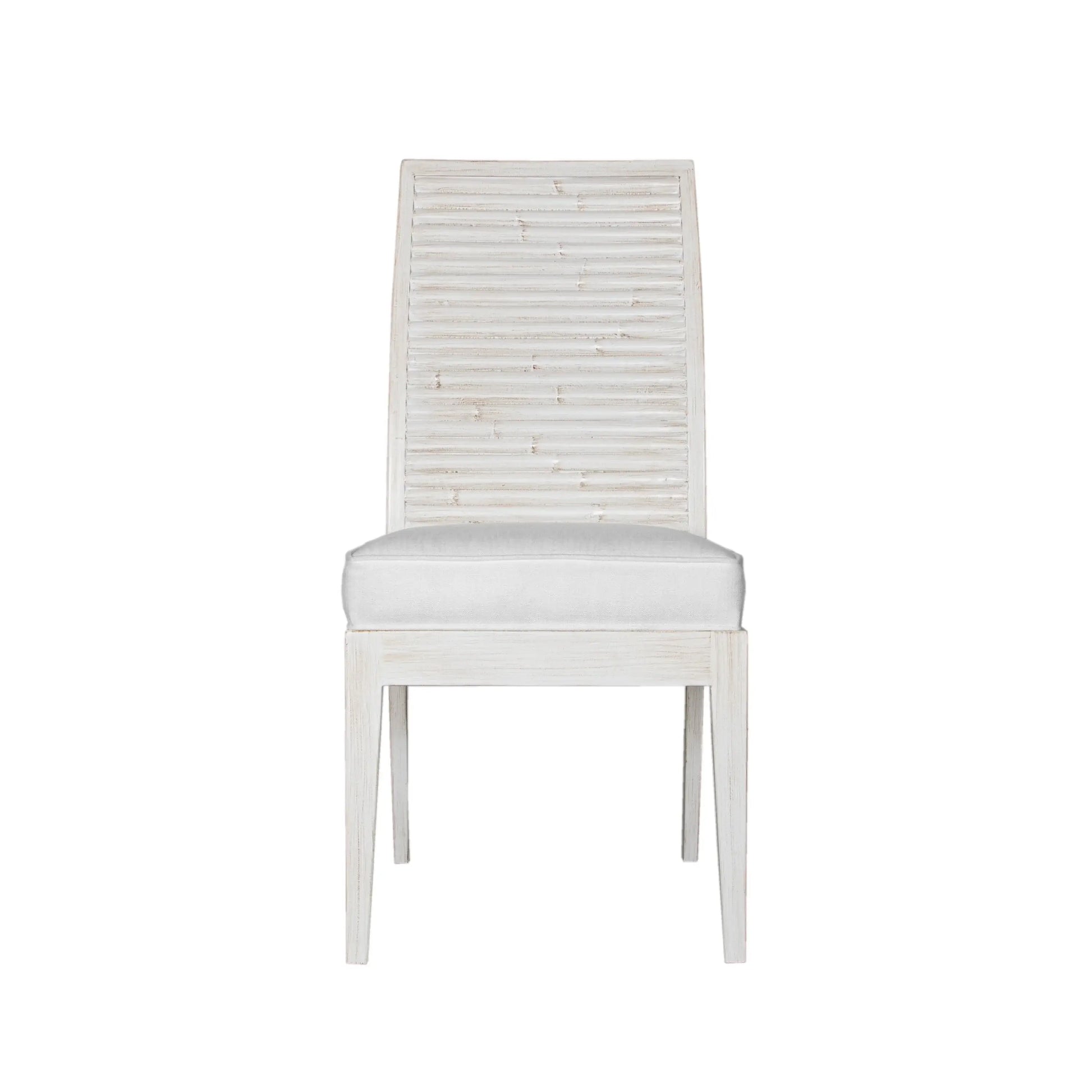 Stacked Bamboo Dining Chair in weathered white finish, front view.