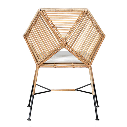 Rear view of the Baja Dining Chair displaying the rattan backrest design.