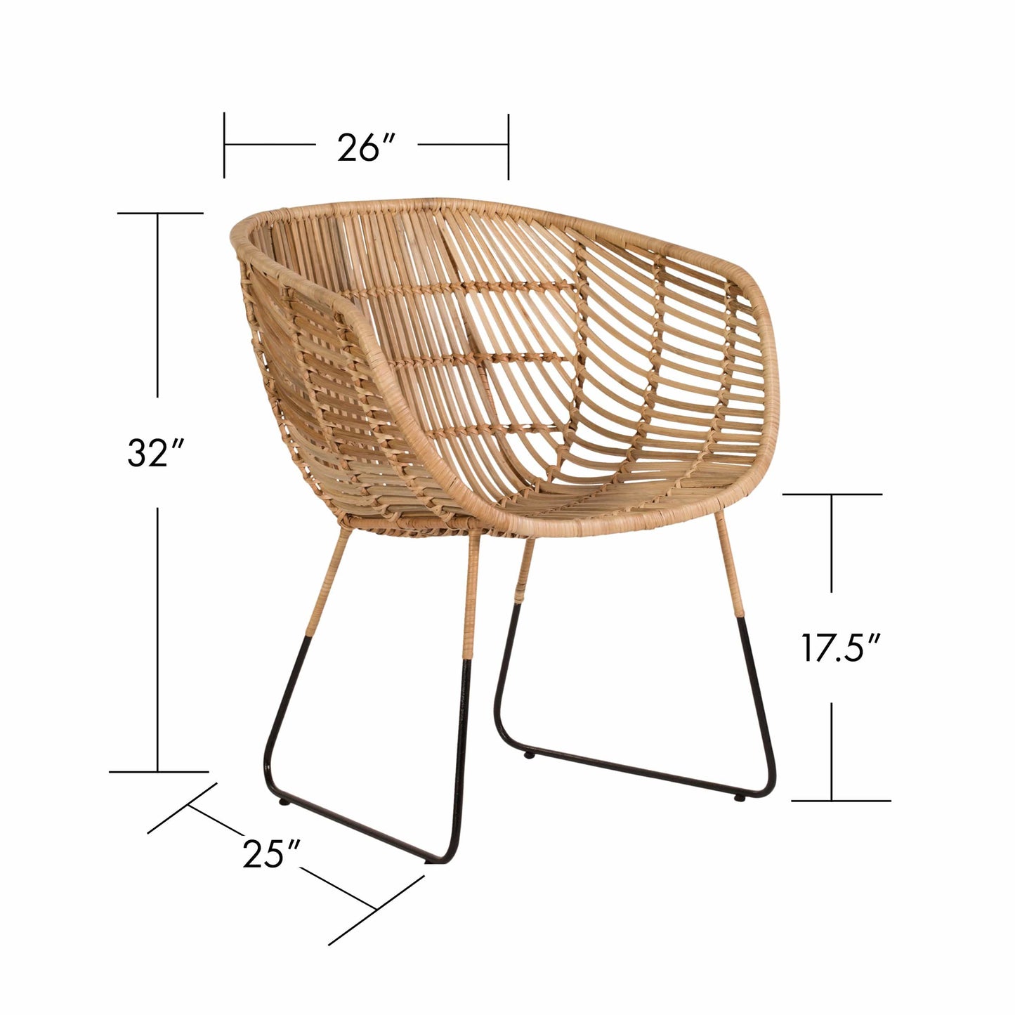 Dimensions of David Francis Bali modern rattan dining arm chair with measurements displayed for width, depth, and height.