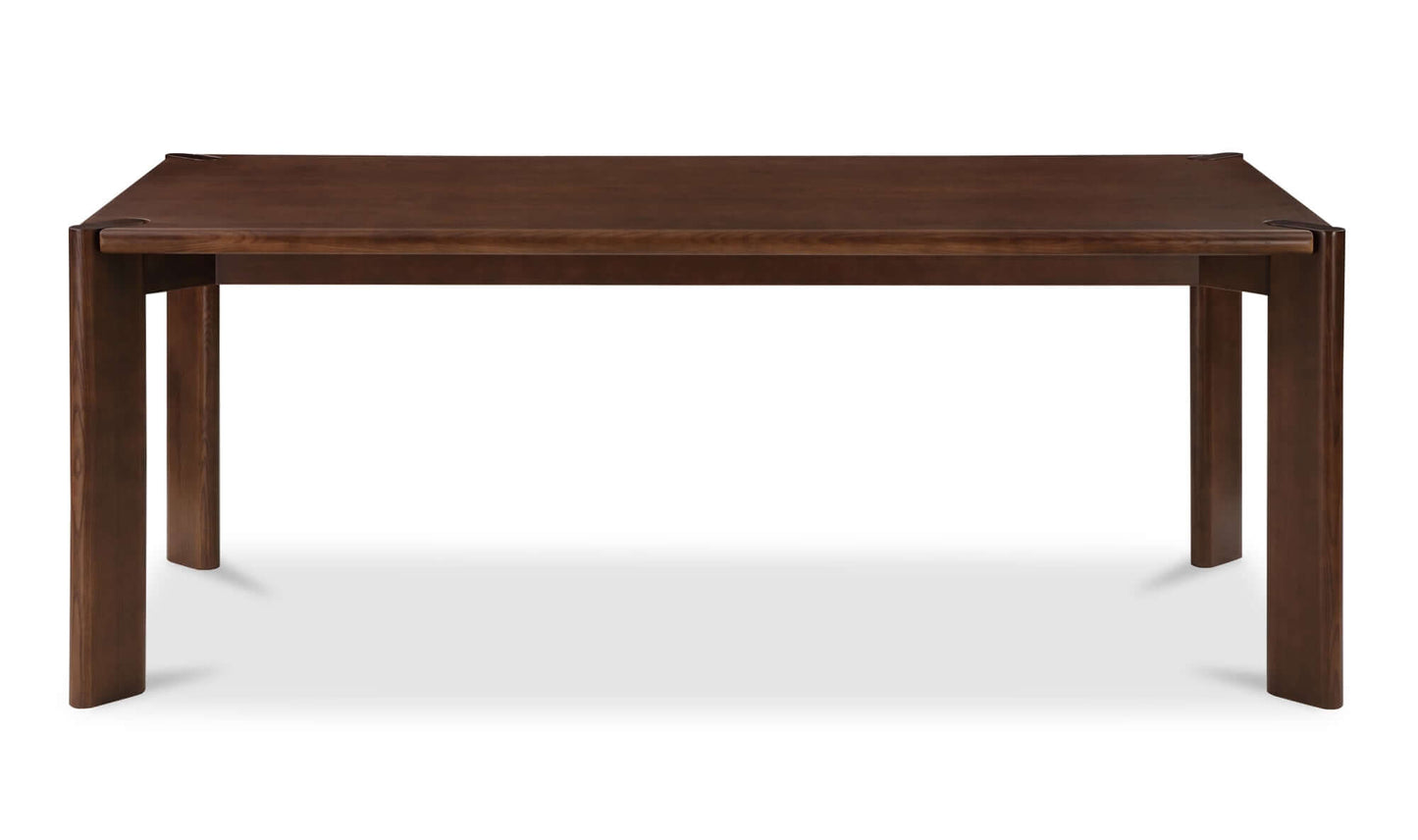 Front view of Daifuku Small Brown Dining Table, featuring solid walnut-stained ash and rounded edges for a soft look.