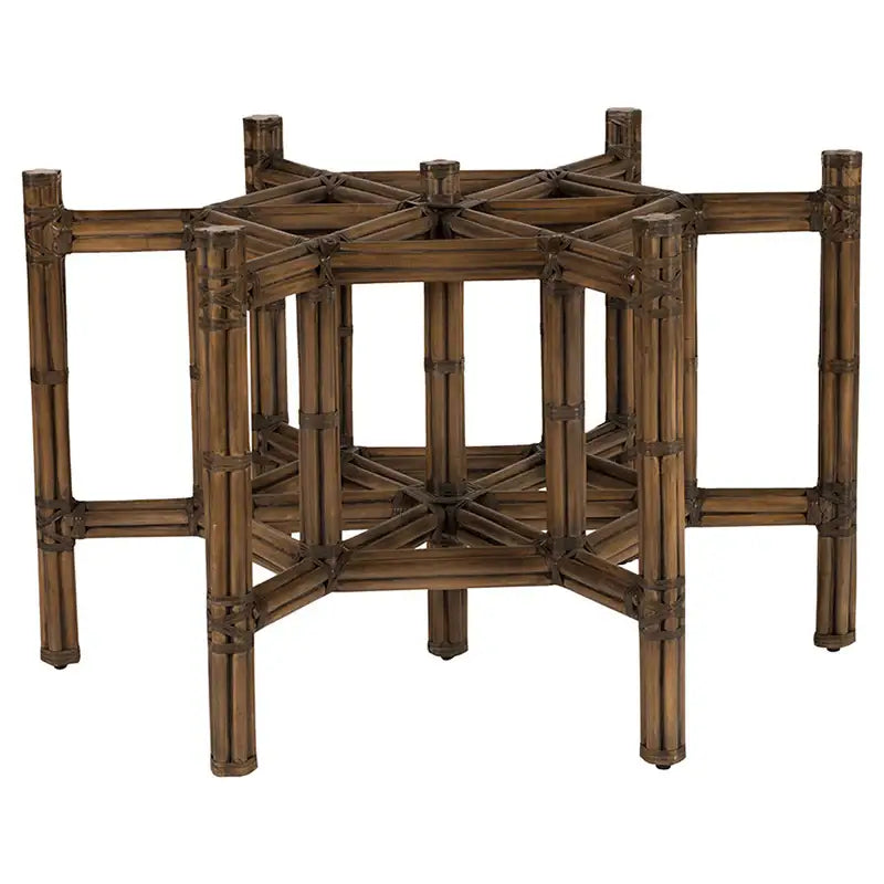 Side view of the dark rattan dining table base showing its solid build and stylish design.