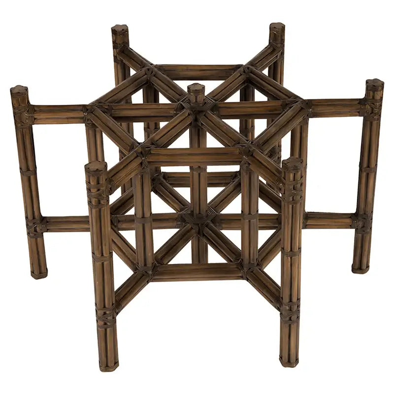 Top view of the dark rattan hexagonal table base, perfect for adding a touch of elegance to any dining room.