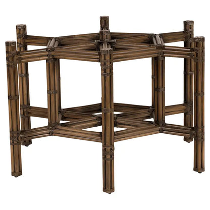 Angle view of the dark rattan table base featuring a sturdy construction and modern aesthetics.