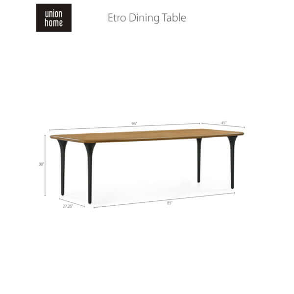 Union Home Etro Dining Table with dimensions, highlighting its industrial-style metal legs and natural wooden top.