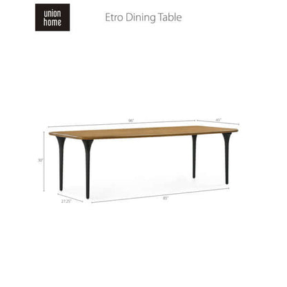 Union Home Etro Dining Table with dimensions, highlighting its industrial-style metal legs and natural wooden top.