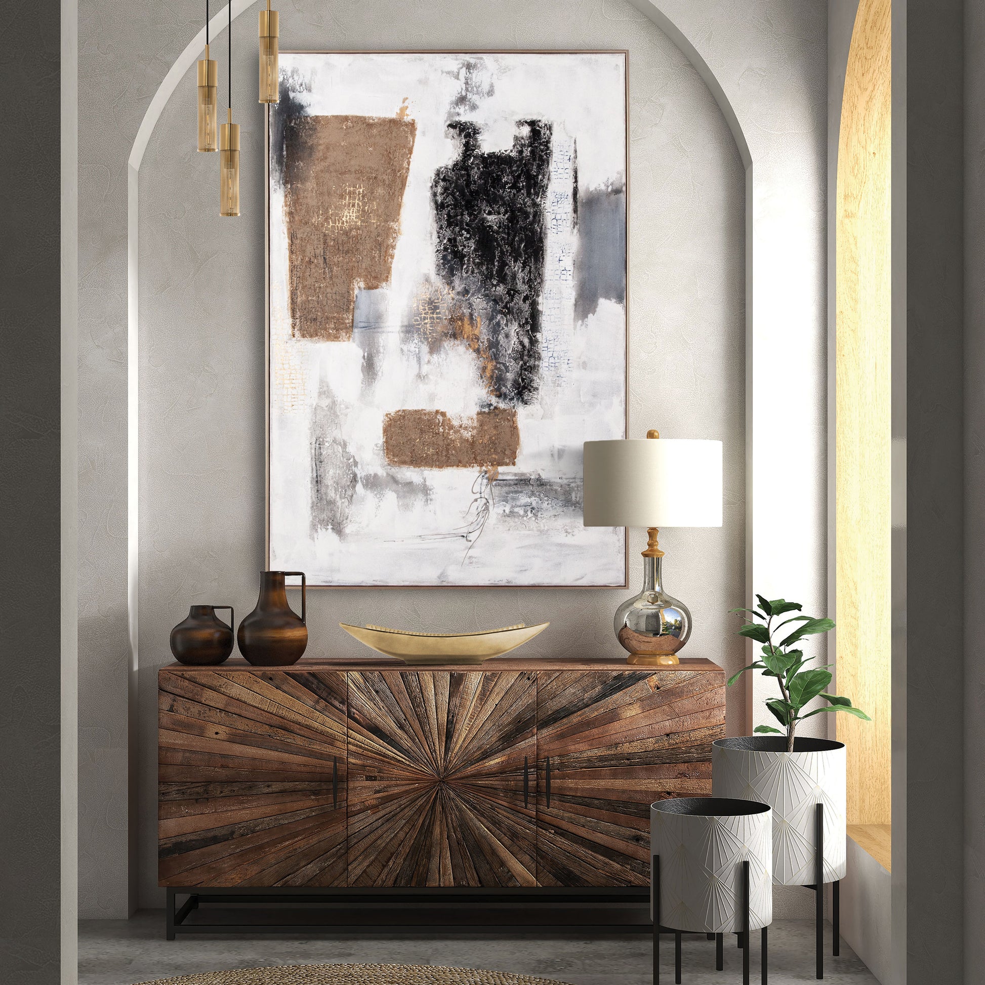 Abstract painting displayed above a rustic console table in a modern arched hallway.