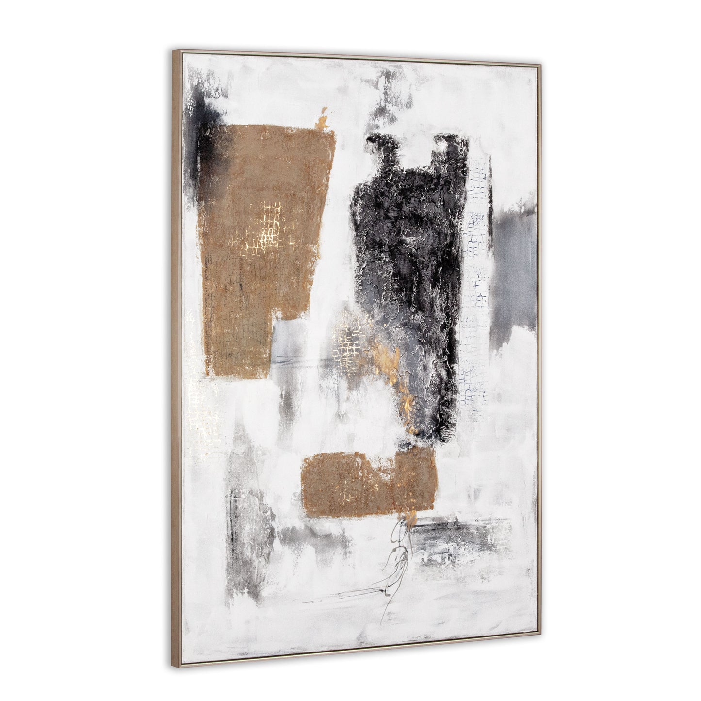 Side view of a textured abstract painting featuring brown and black blocks with gold and blue accents.