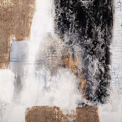 Close-up of textured gold and black brushstrokes on the Earthen Essence canvas.