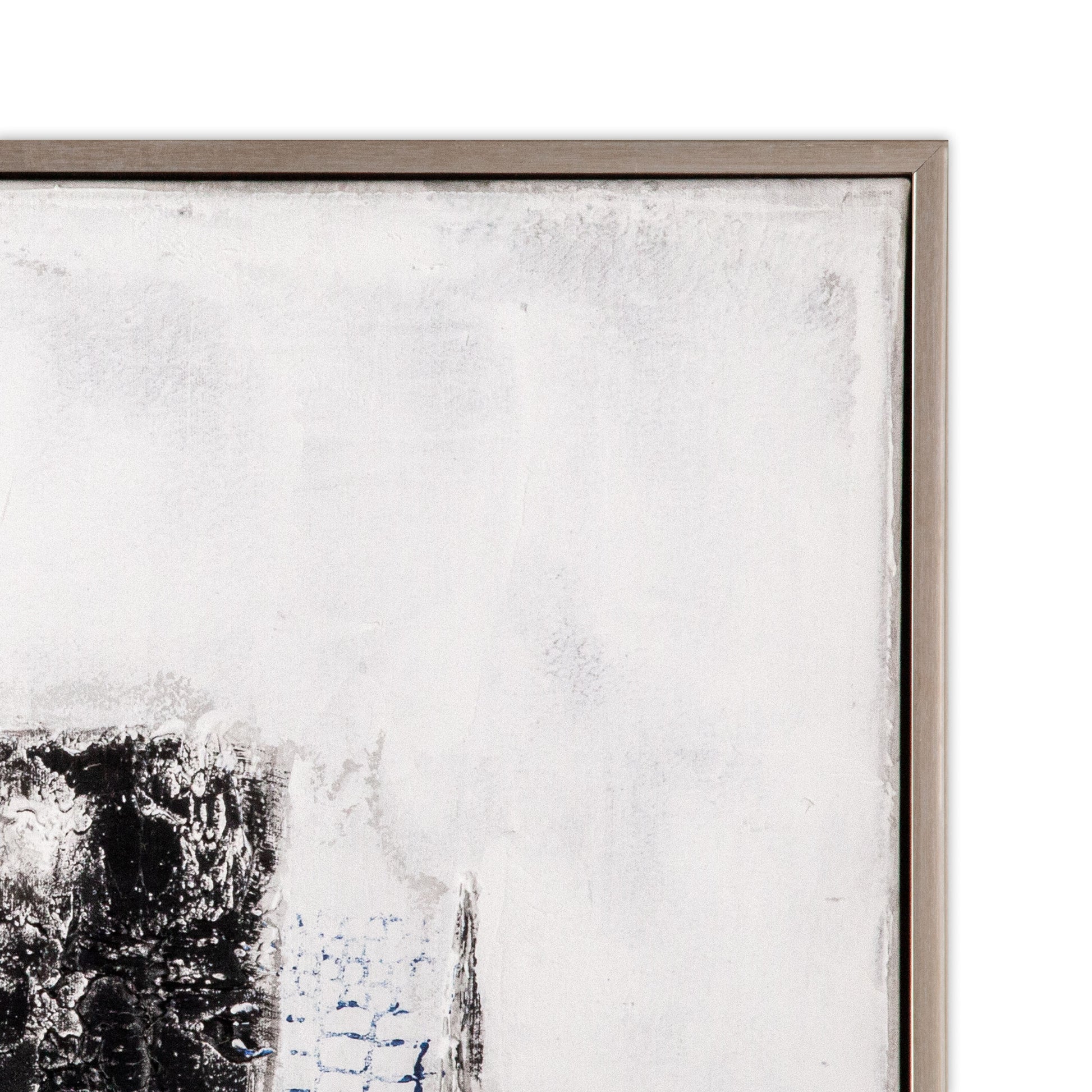 Detailed corner view of the silver frame surrounding the abstract painting.