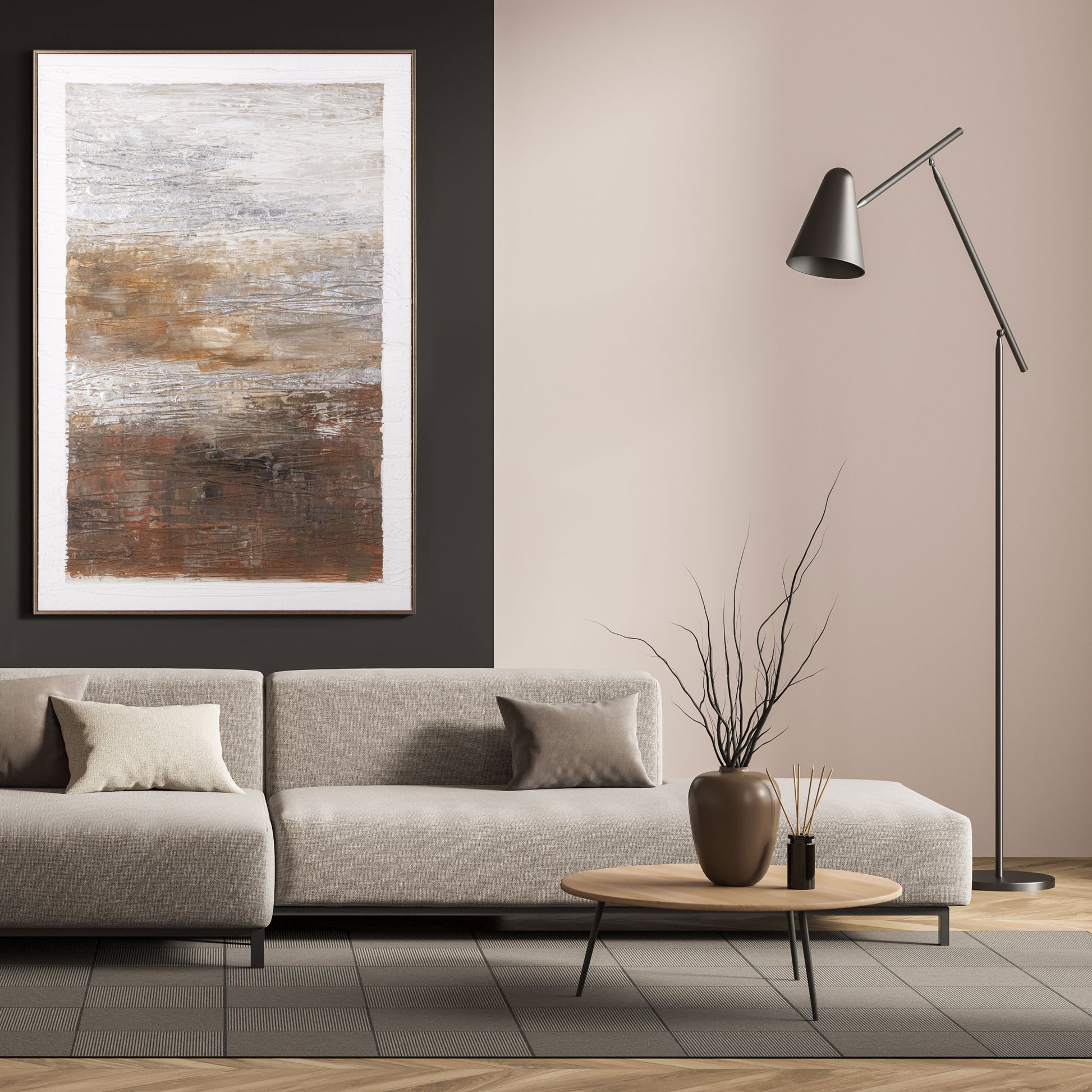 Abstract painting featuring warm earthy tones displayed on a dark accent wall.