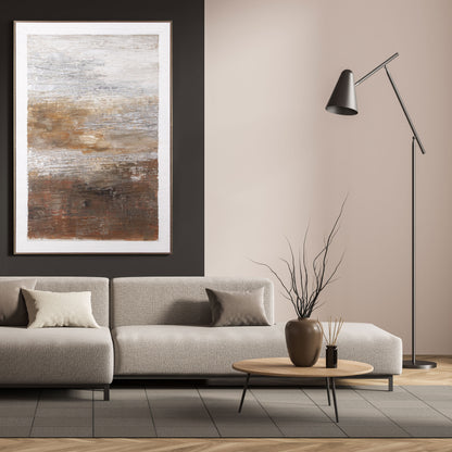 Abstract painting featuring warm earthy tones displayed on a dark accent wall.