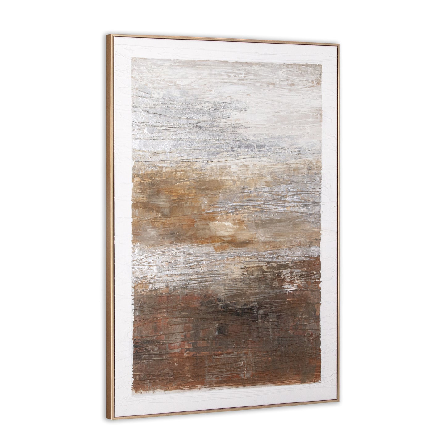 Angled view of hand-painted artwork showcasing textured details and gold frame.