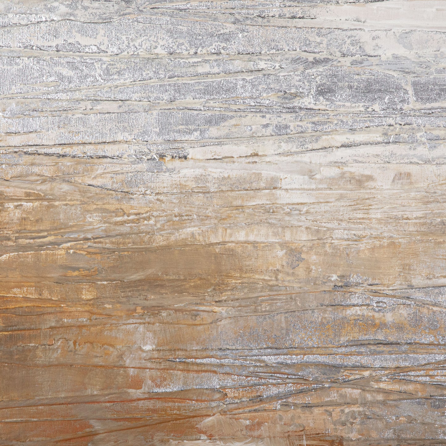 Close-up of silver and brown brushwork texture on canvas.